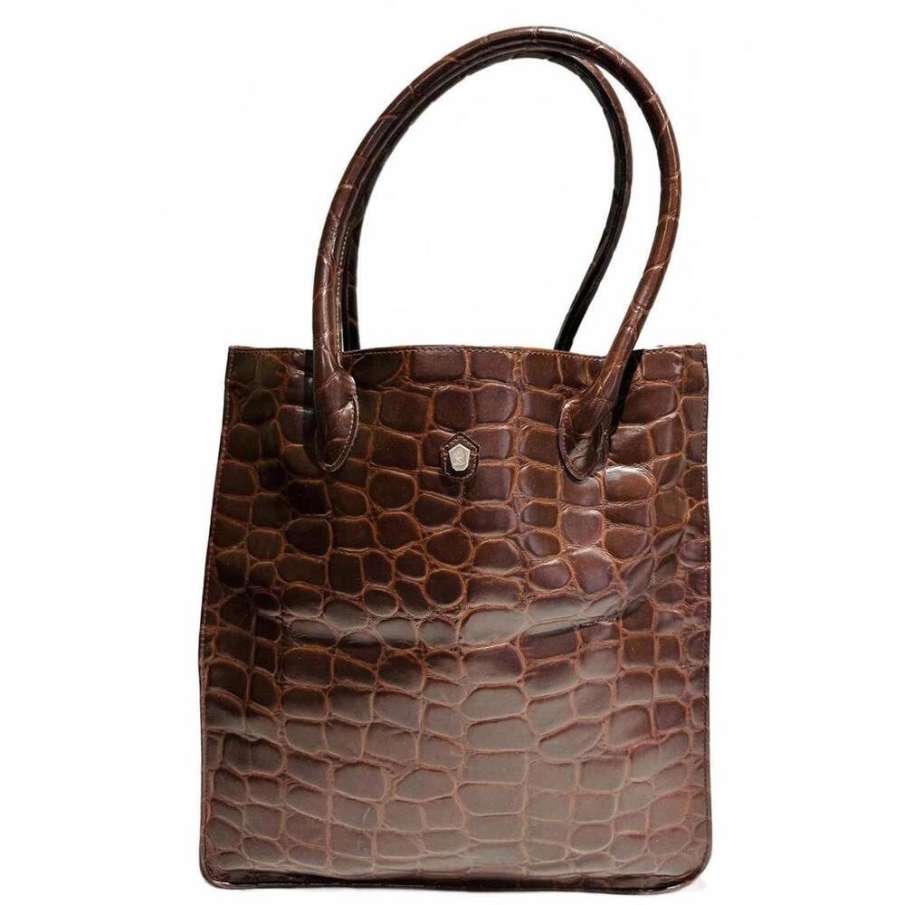 VTG 90's Ralph Lauren Safari Croc-Embossed Faux Leather Tote Bag Luggage Brown